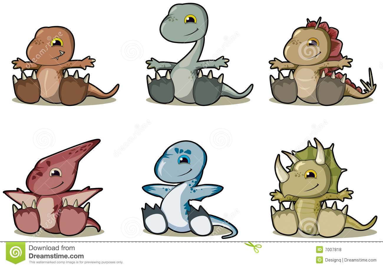 Set Of Six Baby Dinosaurs  Cartoon Like   T Rex Brontosaurus