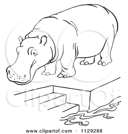 Cartoon Clipart Of An Outlined Zoo Hippo On A Pool Platform With