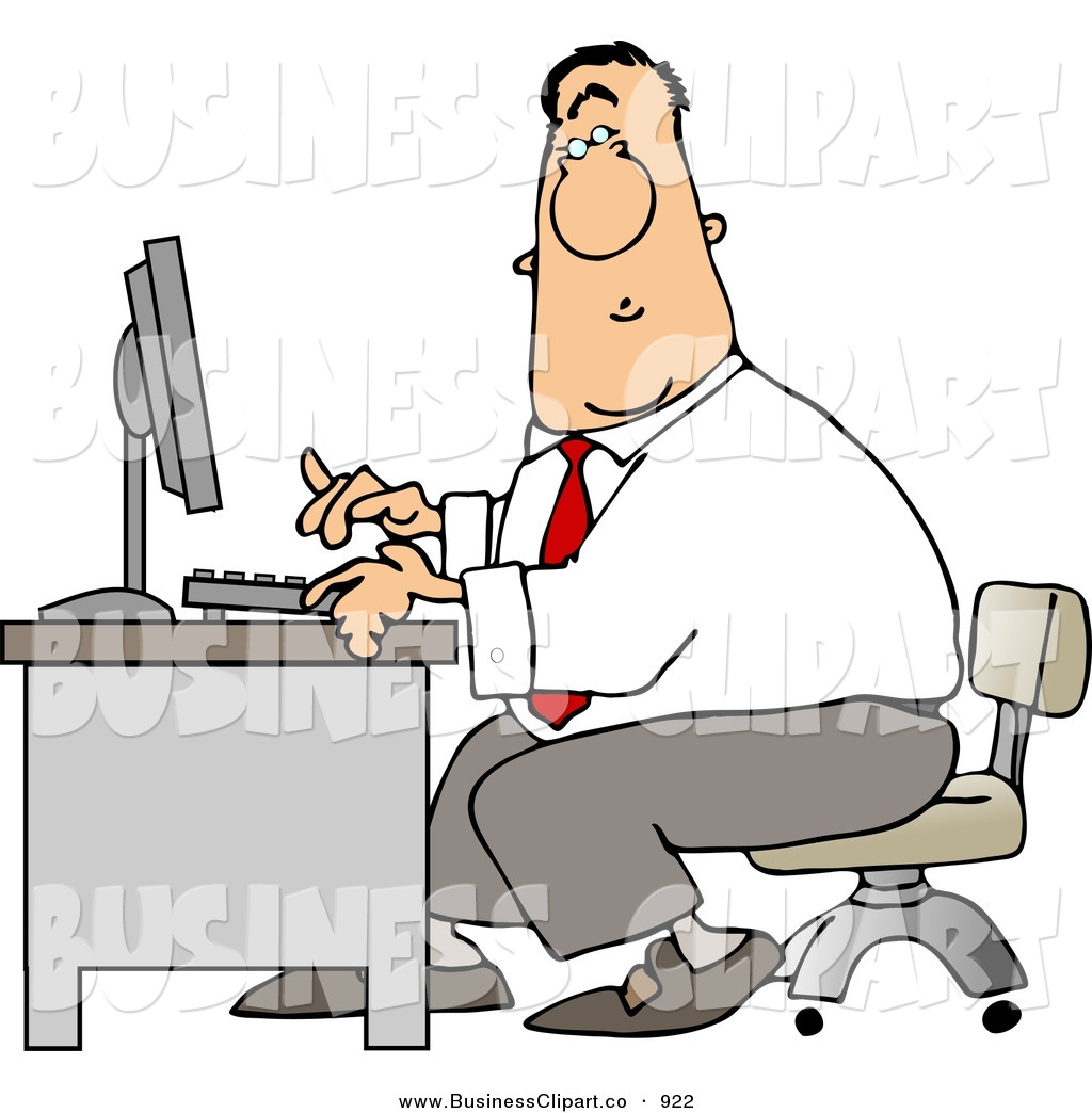 Clip Art Of A Bored Man Typing On A Computer Keyboard In His Office At