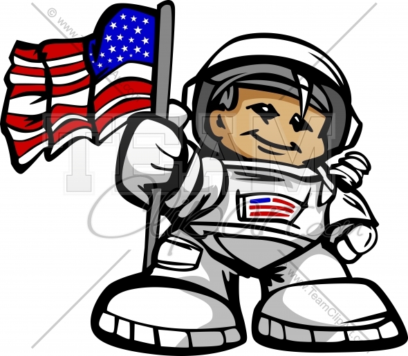 Happy Astronaut Spaceman With American Flag Cartoon Vector