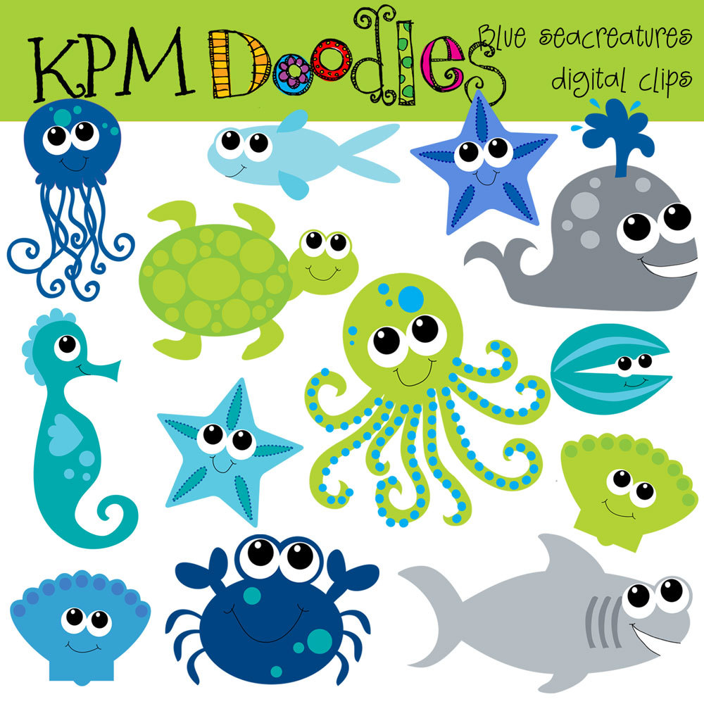 Instant Download Blue Sea Creatures Digital Clip Art By Kpmdoodles