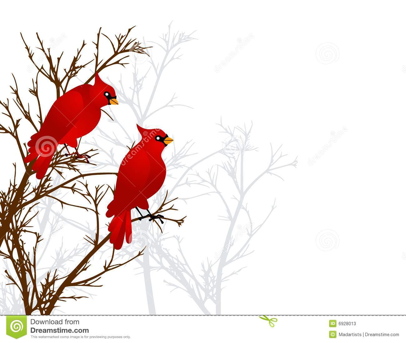 Clip Art Illustration Of 2 Red Cardinal Birds Sitting On A Branch In