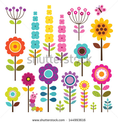Set Of Retro Style Flowers And Insects In Bright Colors Isolated On