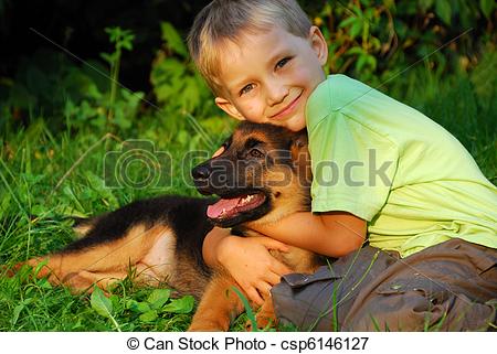 Years Old Boy Hugging His German Shepherd Dog