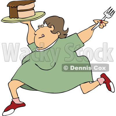 Clipart Cartoon Happy Fat Woman Running With Cake   Royalty Free
