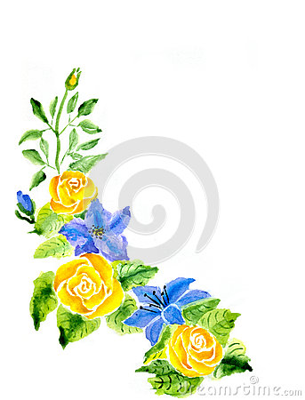 Hand Painted Watercolor Illustration Flowers Tea Rose And Blue