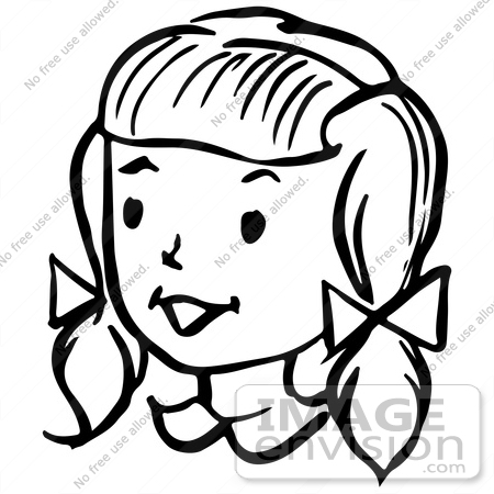 Clipart Of A Happy Retro Girl In Black And White   Royalty Free Vector
