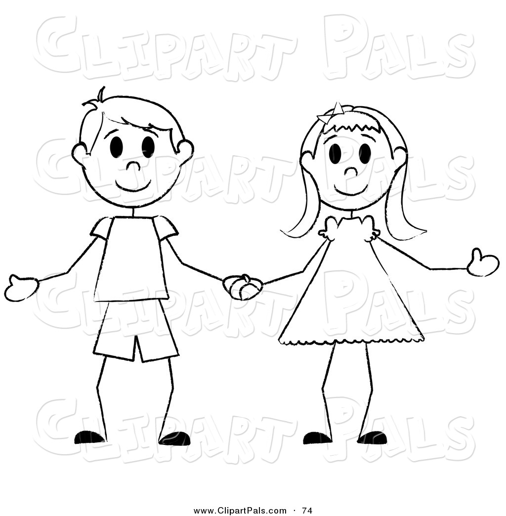 Pal Clipart Of A Happy Black And White Stick Boy And Girl Holding