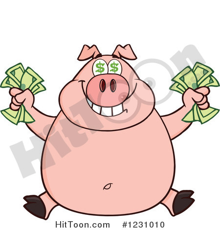 Clipart Of A Rich Happy Pig With Dollar Eyes Holding Cash Money