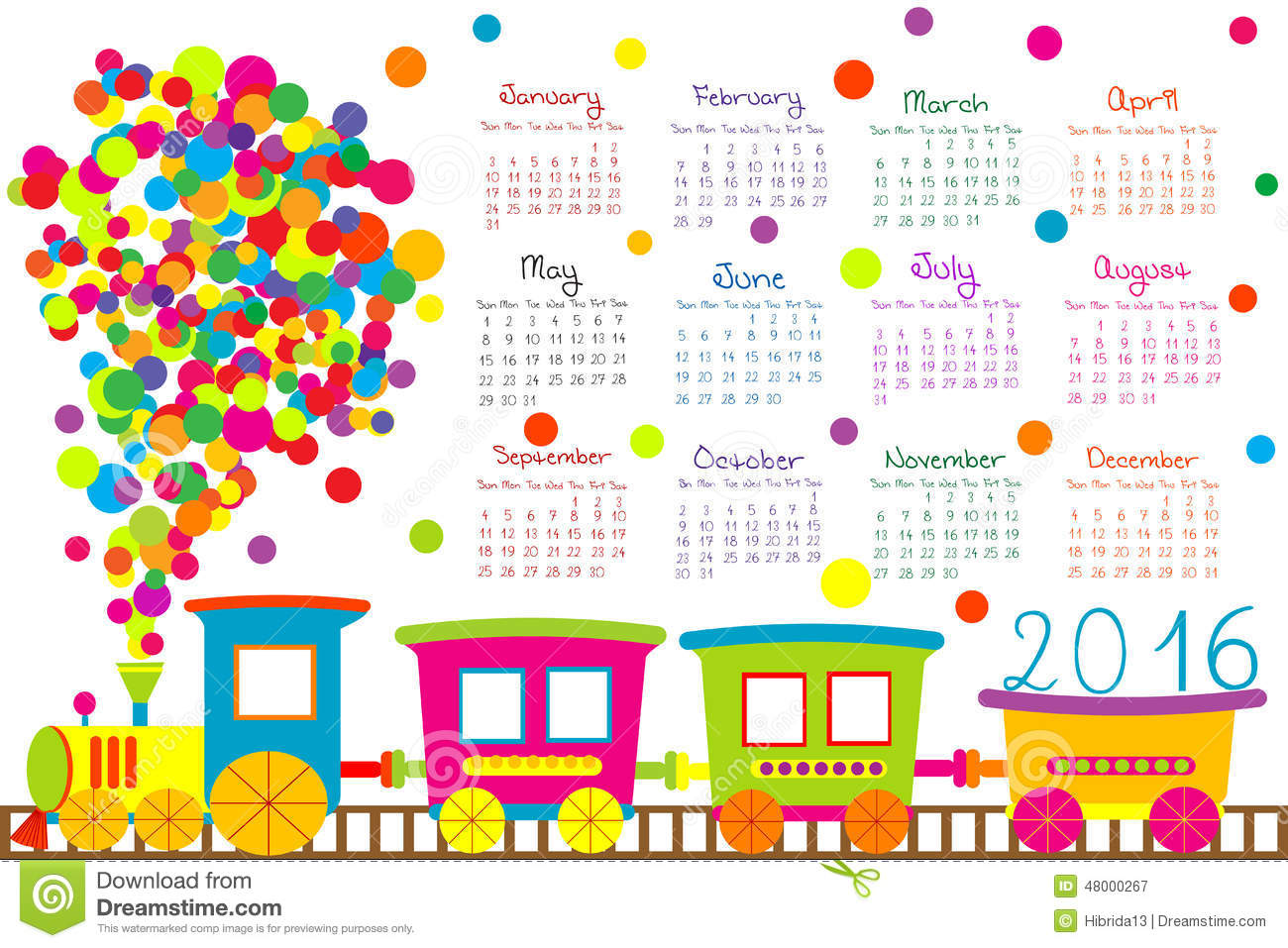 2016 Calendar With Cartoon Train For Kids On White Background
