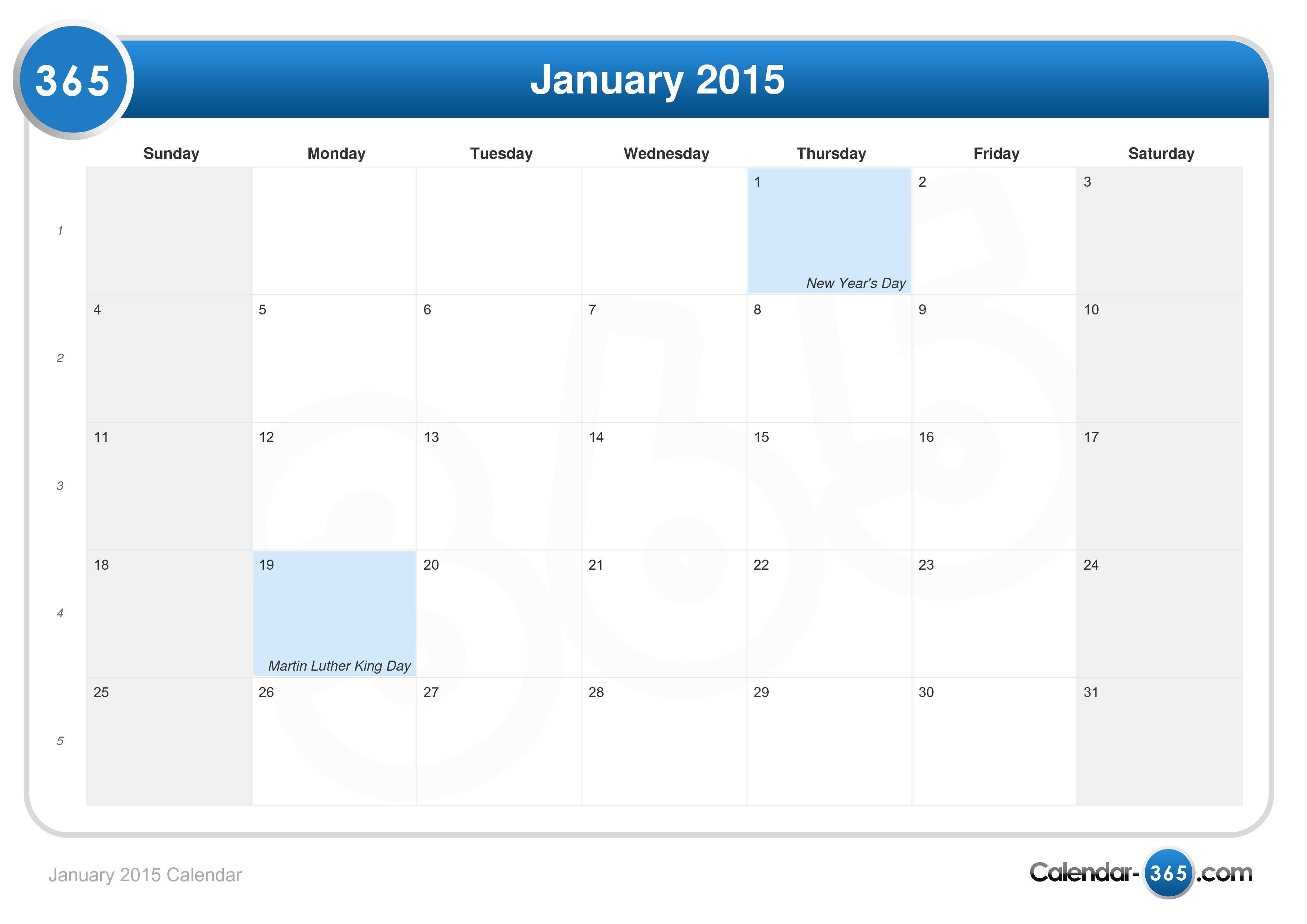 January 2015 Calendar With Holidays