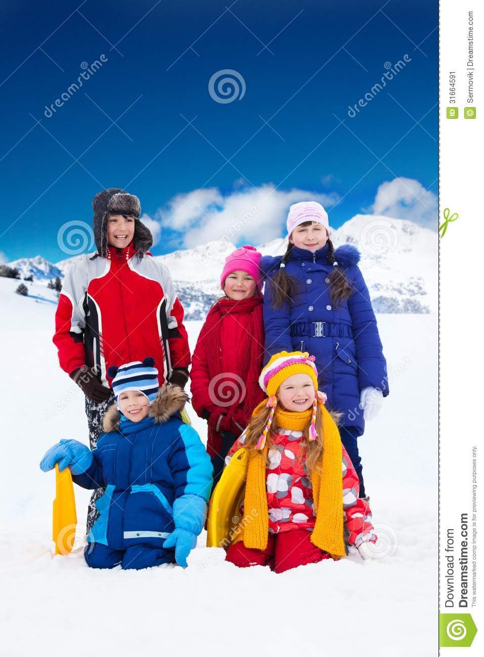Of Five Friends Kids Boys And Girls Standing Together Outside In Snow