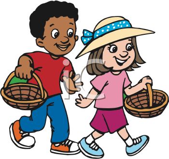African American Boy And Caucasian Girl Going Easter Egg Hunting