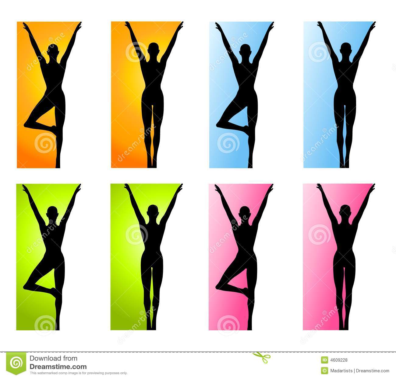 An Illustration Featuring 8 Different Fitness Yoga Dance Silhouettes