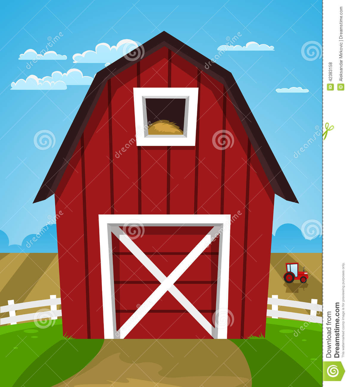 Cartoon Illustration Of Red Farm Barn With Tractor