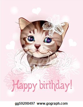 Happy Birthday Greeting Card With Little Kitten On The Pink Background