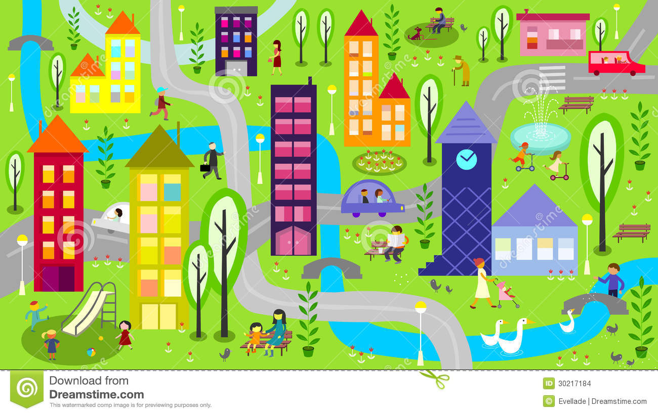 Illustration Represents Colorful City Scene At Daytime With River