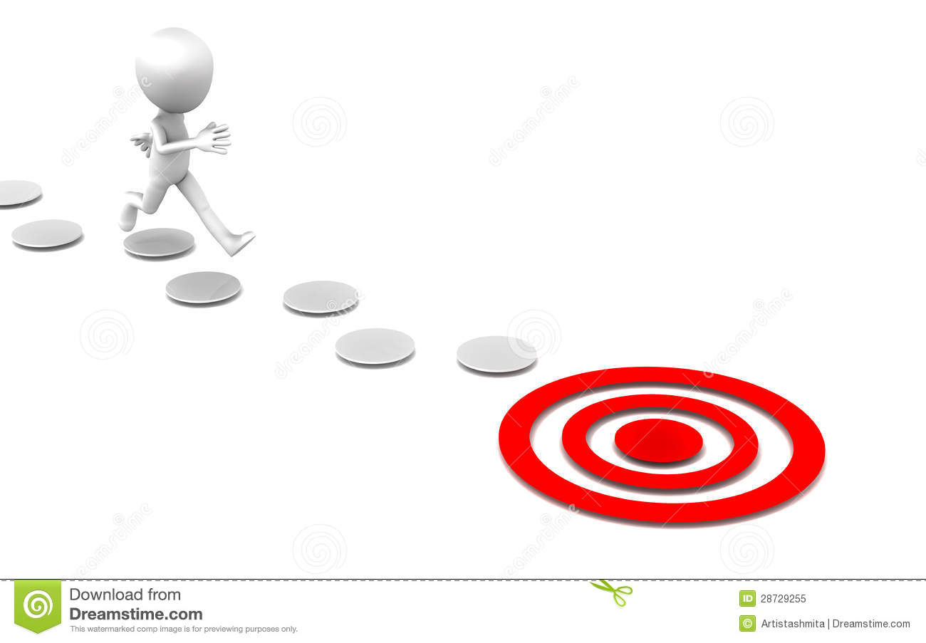 Little 3d Man Jumping Over Small Steps To Reach A Red Target