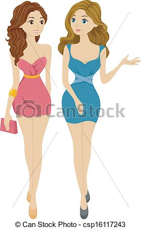 Illustration Of Formally Dressed Teenage Girls Walking Side By Side
