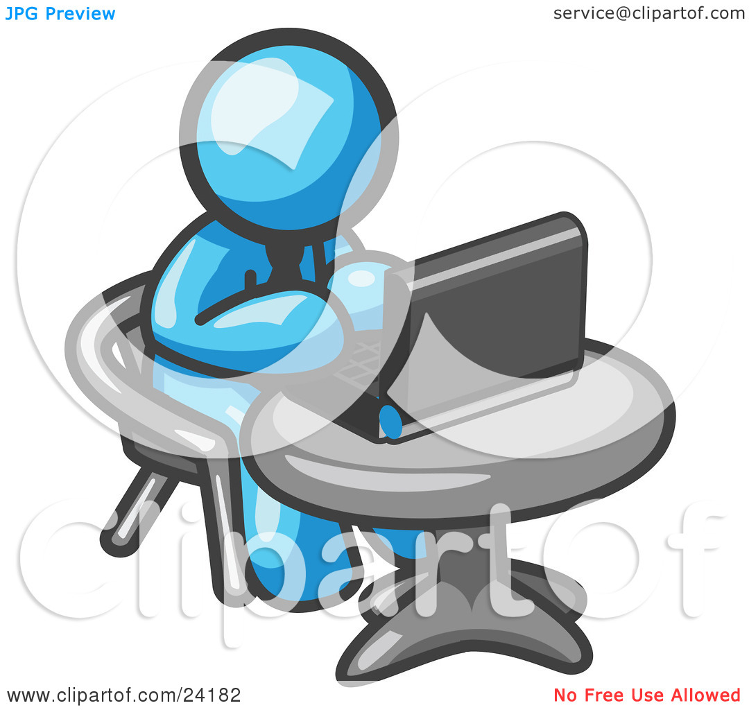 Clipart Illustration Of A Light Blue Man Working On A Laptop Computer