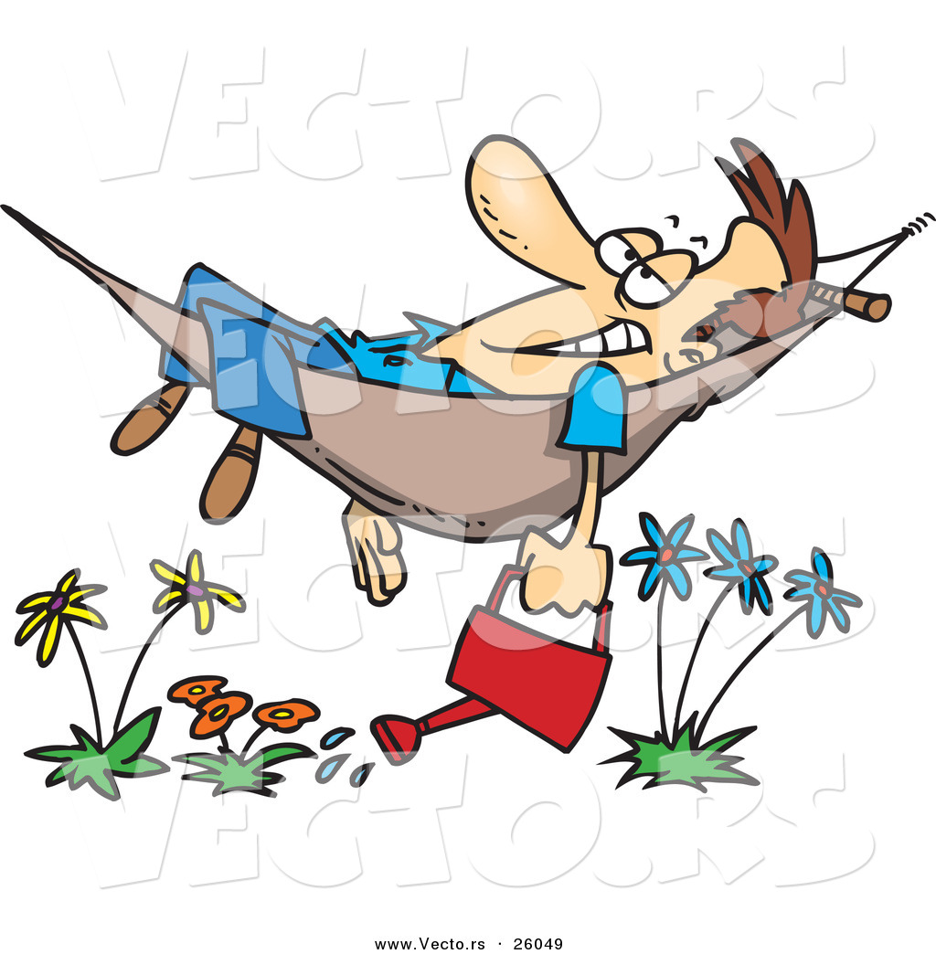 Exhausted Cartoon Man Relaxing In A Hammock With A Garden Water Can