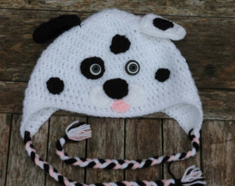 Spotty Dalmation Puppy Dog Crochet Hat With Ear Flaps And Plaits