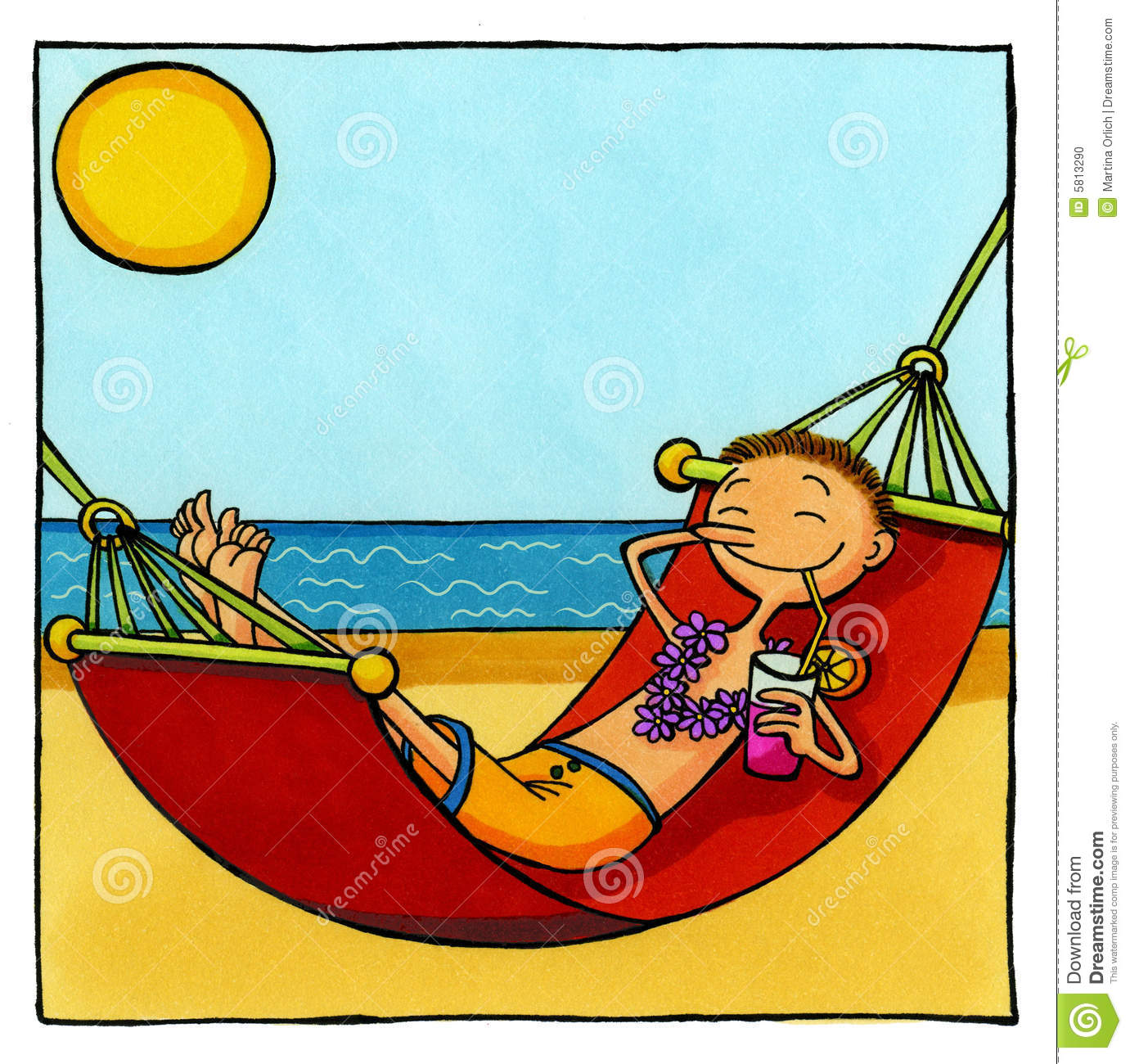 Cartoon Drawing Of A Tourist Relaxing In A Hammock At The Beach