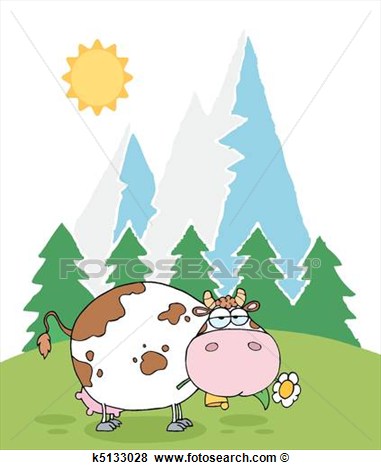 Fat Cow Eating Flowers Near Mountains And Woods