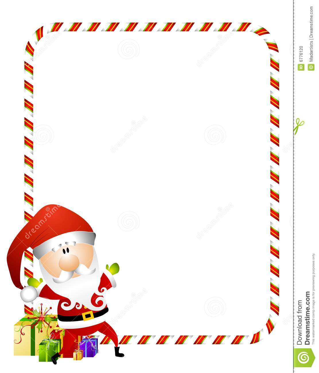 Featuring A Santa Claus With Candy Cane Border And Presents