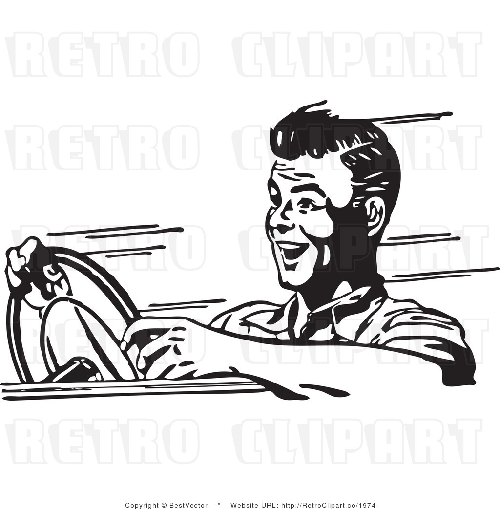 Royalty Free Black And White Retro Vector Clip Art Of A Man Driving By