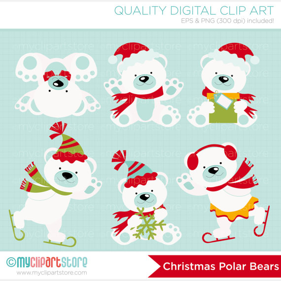 Christmas Polar Bears Clip Art   Digital Clipart   Instant Download