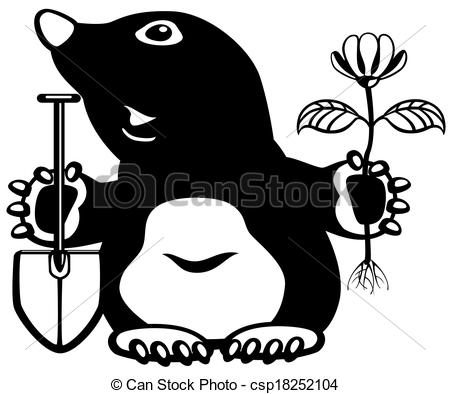 Clipart Of Cartoon Mole Holding Flower And Shovel Black And White