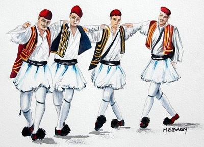 Print From An Original Painting Of Greek Dancers In National Costumes