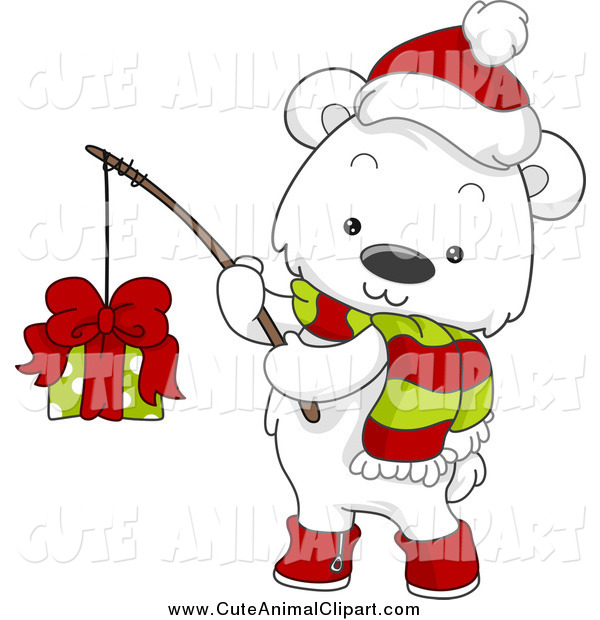 Vector Cartoon Clip Art Of A Christmas Polar Bear Fishing A Present By