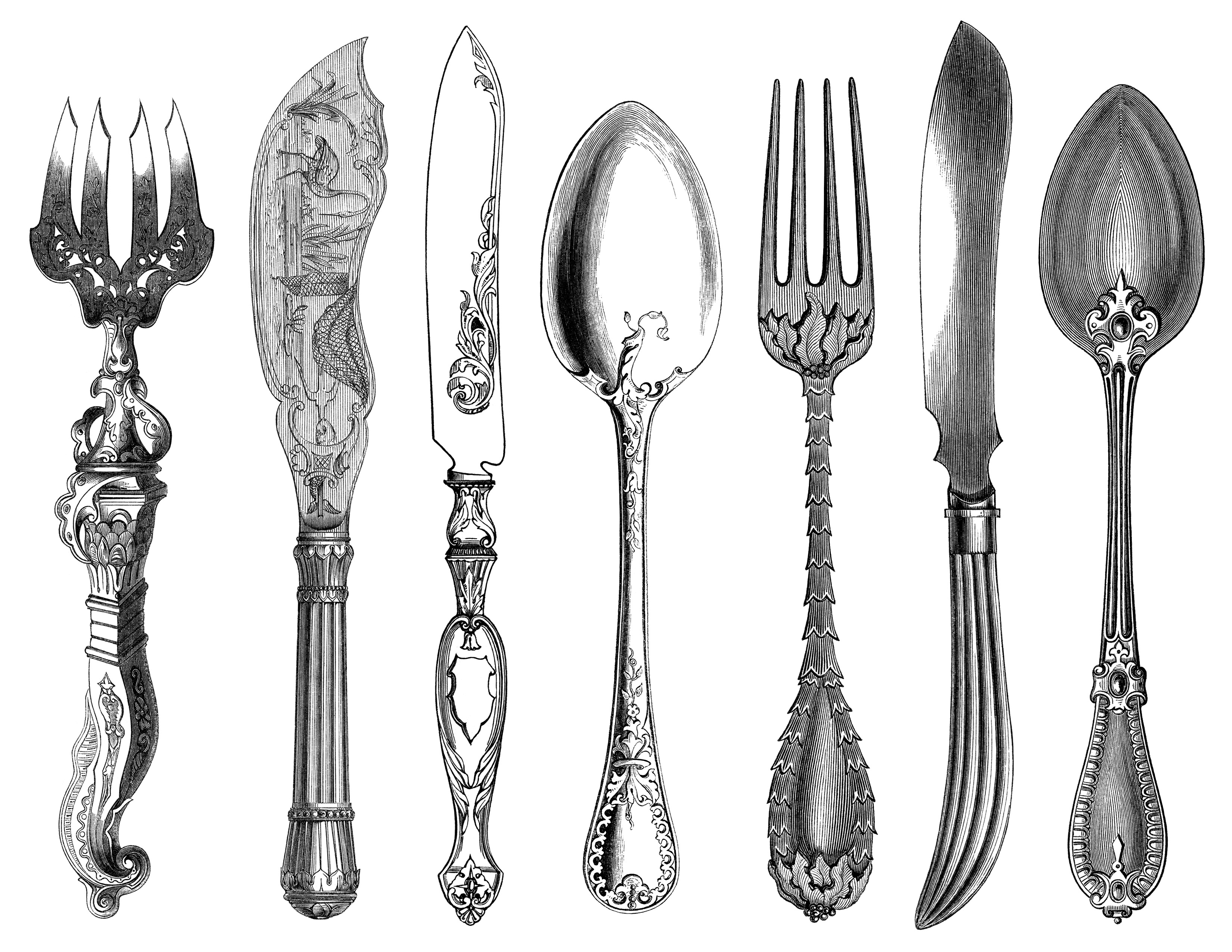 Black And White Clip Art Kitchen Printable Fork Knife Spoon Clipart    