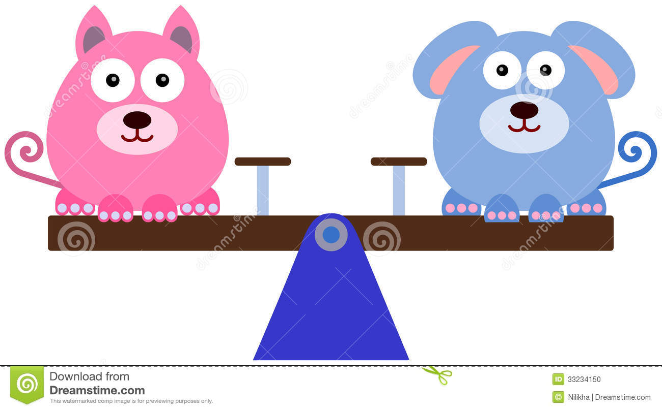 Cute Illustration Of A Dog And A Cat Sitting On A Balanced Seesaw