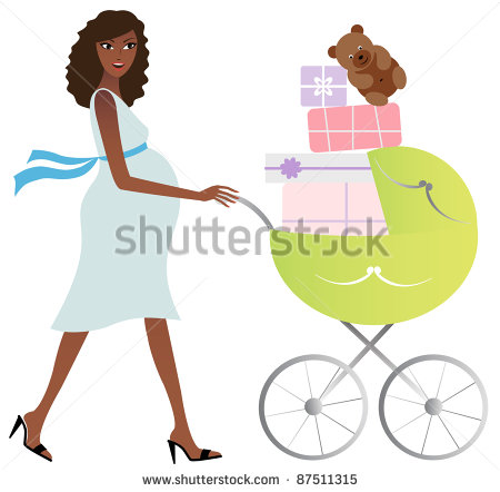 African American Pregnant Woman With Carriage Full Of Gifts   Stock
