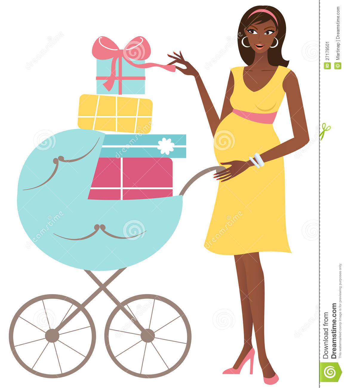 Young Attractive African American Pregnant Woman With A Stroller Full