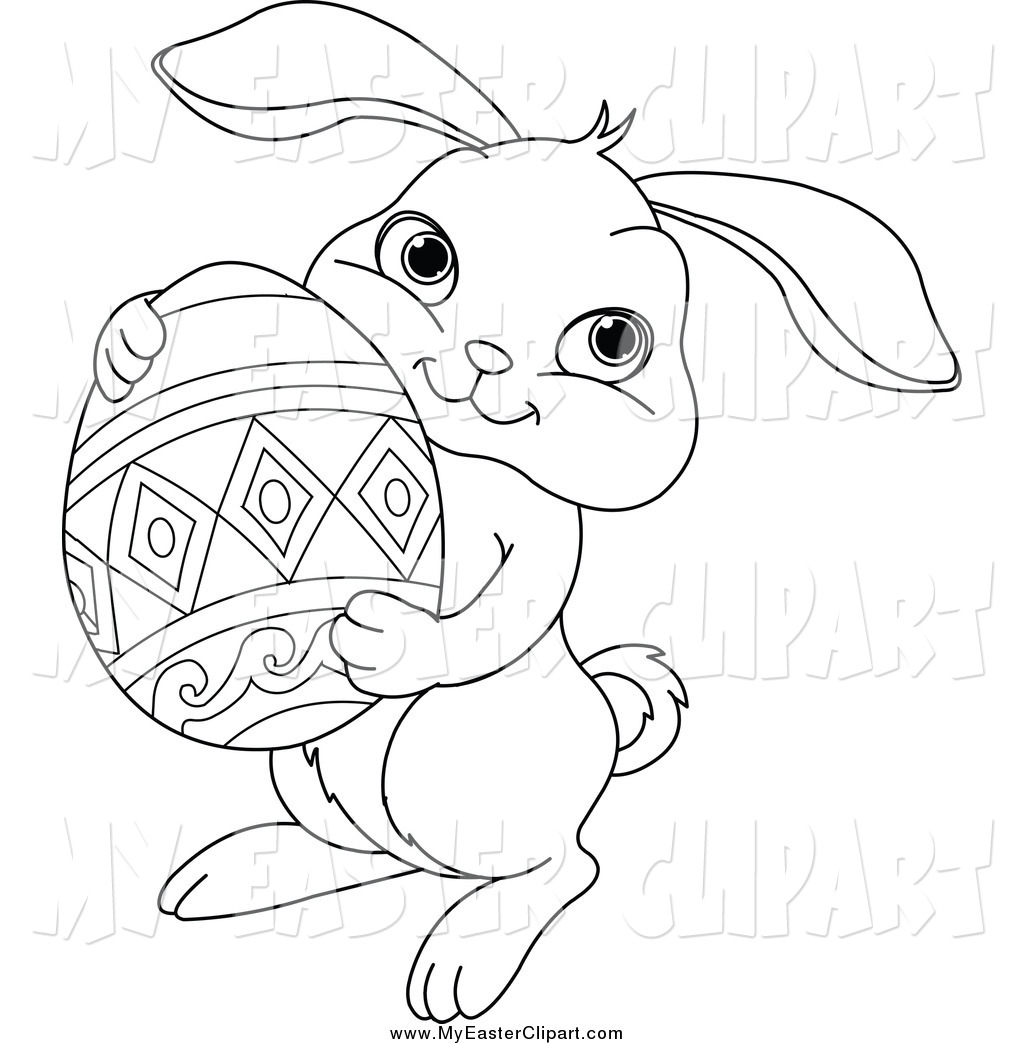 Clip Art Of A Black And White Easter Bunny Holding An Egg By Pushkin