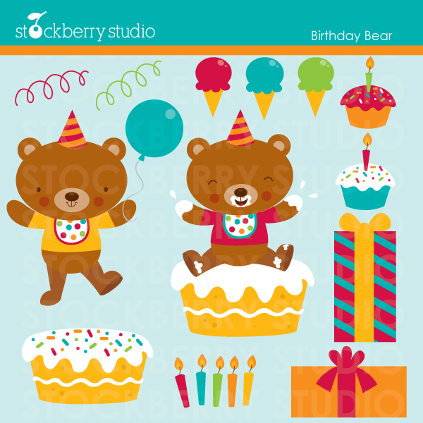 Sweet Birthday Bear Clipart Set  13 Clipart Designs 