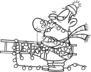 Black And White Cartoon Of A Man Entangled In A String Of Lights    