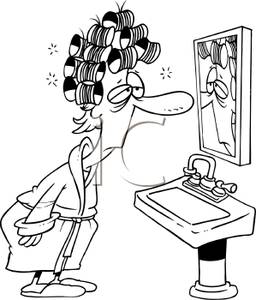 Black And White Cartoon Of An Exhausted Older Woman In Curlers Not