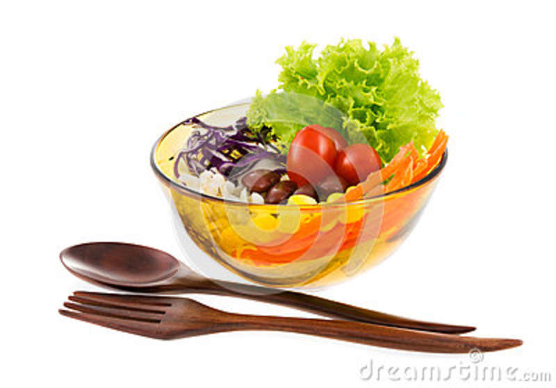 Delicious Salad On A Bowl With Wooden Spoon And Fork Isolated O Stock