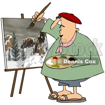 Clipart Chubby Artist Painter Working On A Winter Mountain Scene