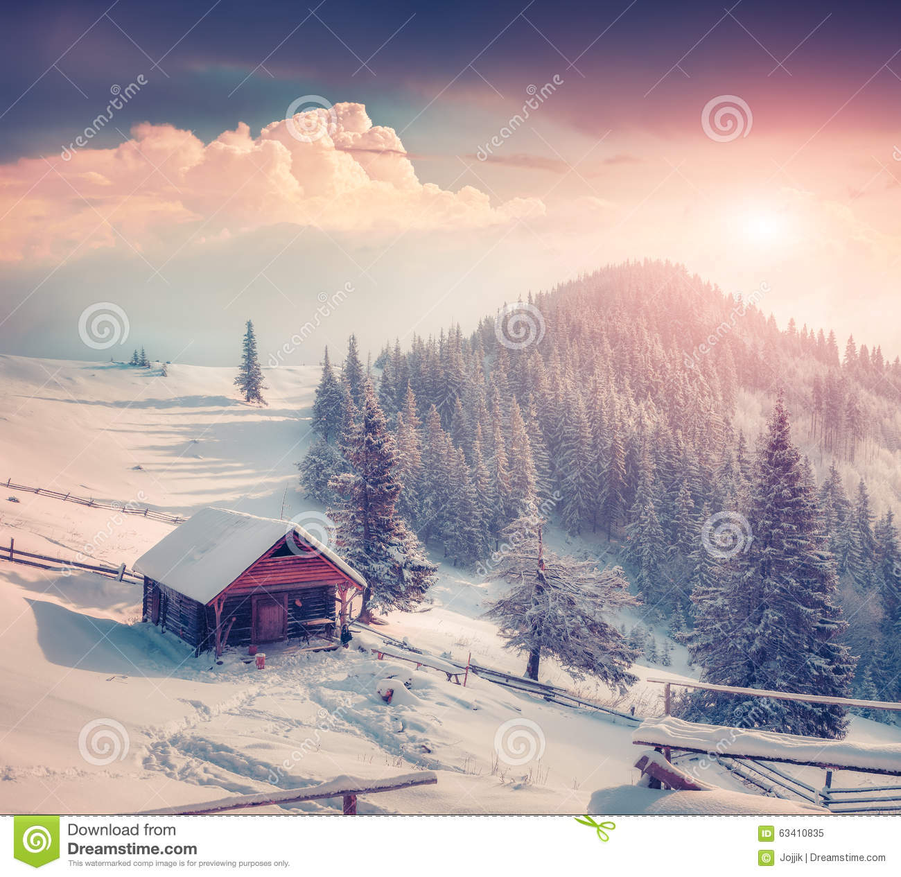 Foggy Winter Scene In The Mountain Farm  Stock Photo   Image  63410835