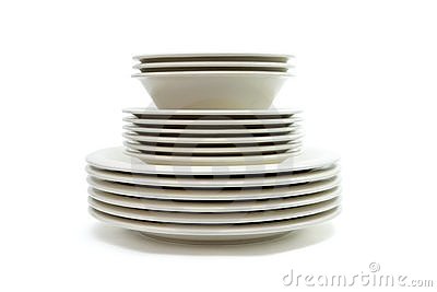 Stack Of Plain Beige Dinner Plates Soup Plates And Saucers Isolated