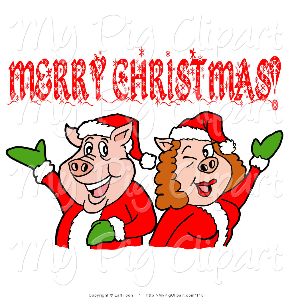 Pink Pig Couple In Santa Suits Holding Their Arms Up Under A Merry    