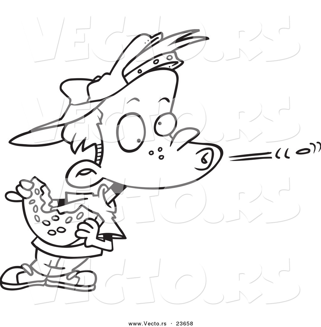 Vector Of A Cartoon Boy Spitting A Watermelon Seed   Coloring Page