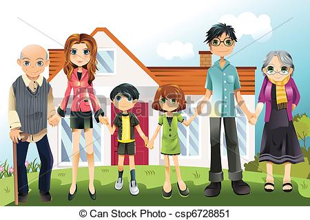 Vector Illustration Of A Multi Generation Family In Front Of The House