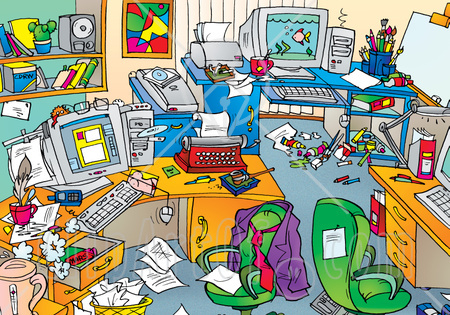 36072 Clipart Illustration Of A Very Messy Office With Clutter On The